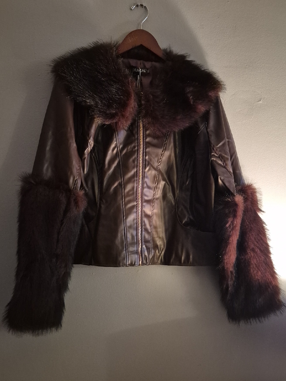 Faux-Fur Trim Brown Leather Jacket